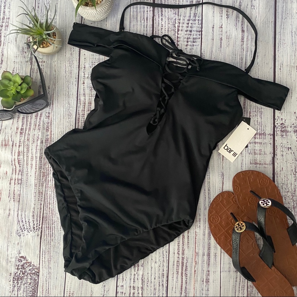 Black Boho Off the Shoulder One Piece Swimsuit